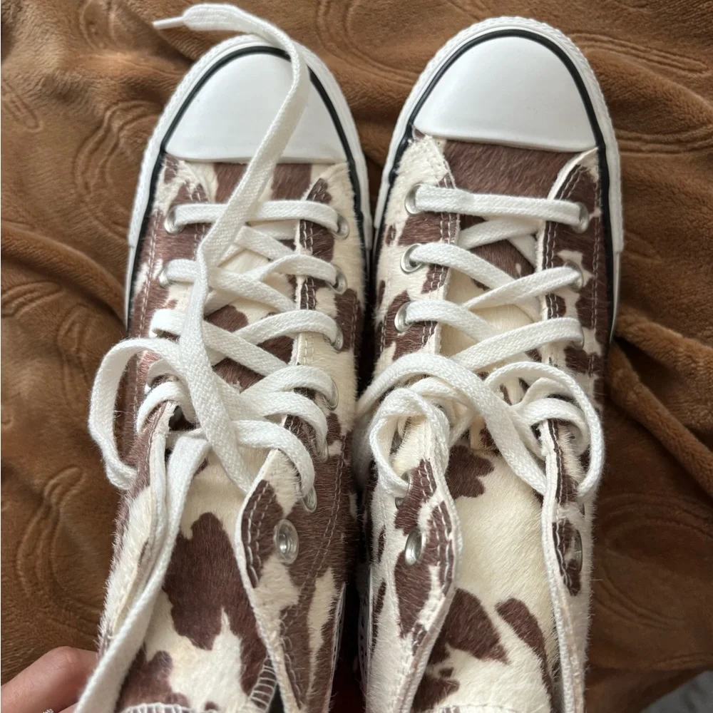 Converse High Top Sneakers in Brown and Cream Cow Print - Picture 4 of 7
